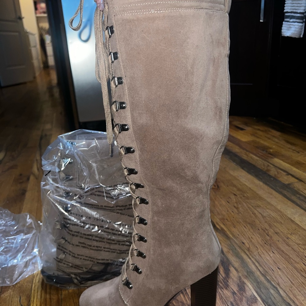 Lace-Up Knee High Taupe Boots